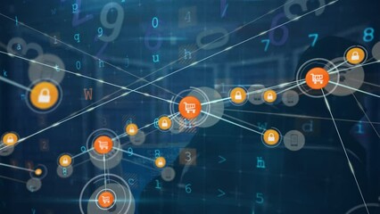 Poster - Animation of network of connections with icons and data processing over hacker in server room