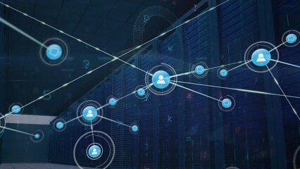 Poster - Animation of network of connections with icons and data processing over server room