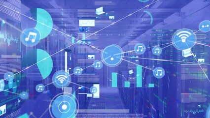 Poster - Animation of network of connections with icons and data processing over server room