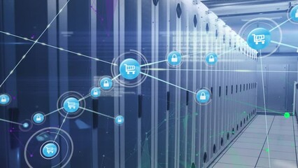 Poster - Animation of network of connections with icons and data processing over server room