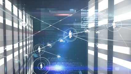 Poster - Animation of network of connections with icons and data processing over moving columns