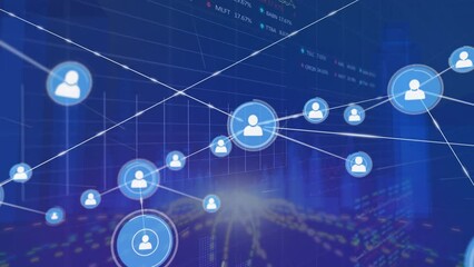 Poster - Animation of network of connections with icons over data processing on black background