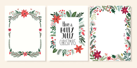 Wall Mural - christmas festive set with party invitation templates decorated with seasonal vegetation, poinsettia