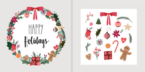 Wall Mural - happy holidays set christmas greeting card with winter wreath and seasonal elements