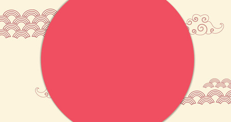 Poster - Image of red circle with copy space over traditional chinese pattern on cream background