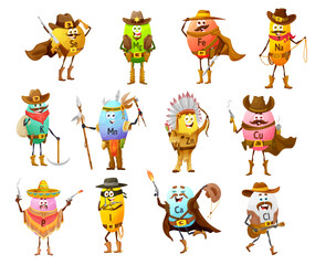 Sticker - Cartoon mineral cowboy, bandit, ranger and indian characters. Isolated vector selenium, magnesium, iron and sodium. Potassium and manganese, zinc, copper or iodine, calcium, chlorine and phosphorus