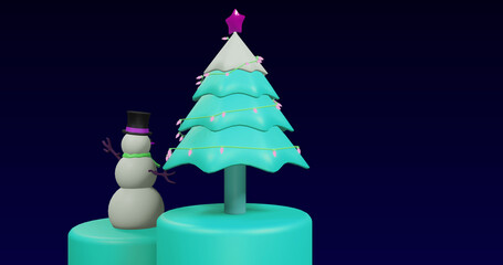 Image of spinning christmas tree and snowman on black background