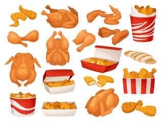 Wall Mural - Fast Food Fried Chicken Meat as Crunchy and Crispy Snack Big Vector Set