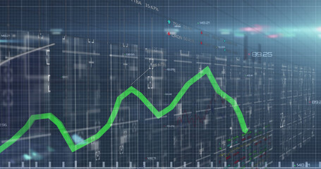 Poster - image of green graph with abstract pattern, trading board and lens flare on black background