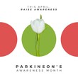 Composition of parkinson's awareness month and white tulip on green circle