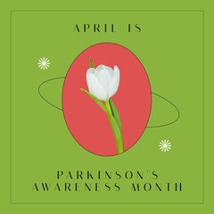 Canvas Print - Composition of parkinson's awareness month and white tulip on green background