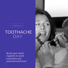 Poster - Composition of toothache day text and caucasian female patient at dentist