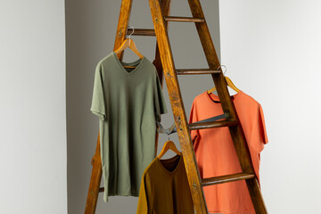 Wall Mural - Tshirts displayed on ladder and copy space on white background