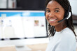 Call center, customer support and portrait of black woman with computer in office. Contact us, crm and face of happy female sales agent, telemarketing or help desk worker from Nigeria in workplace.