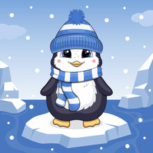 A Cute Cartoon Penguin In A Hat And Scarf Is Swimming On The Ice. Winter Vector Illustration Of Animals On A Blue Background.