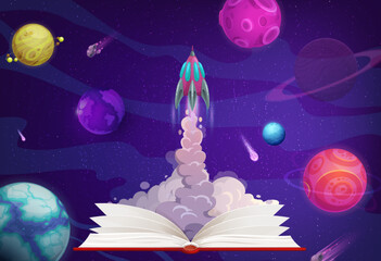 Poster - Cartoon space planets, rocket launch from opened book, vector concept of education, imagination or idea. Spaceship or shuttle take off with flame, smoke and speed trails, universe stars and meteors