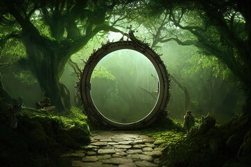 Wall Mural - Magical portal with arch made with tree branches in shady green forest. Open door to alternative dimension fantasy scene. 3d artwork, AI