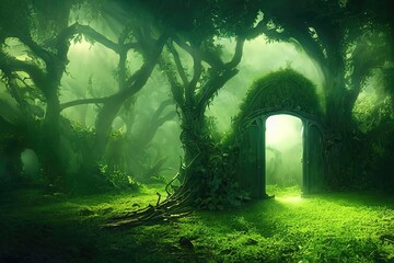 Wall Mural - Magical portal with arch made with tree branches in shady green forest. Open door to alternative dimension fantasy scene. 3d artwork, AI