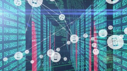 Poster - Animation of network of connections with icons and data processing over computer servers
