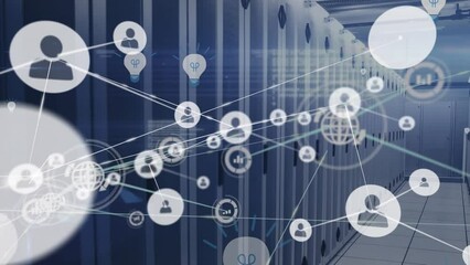 Poster - Animation of floating bulb icons with connected icons and lens flare over server room