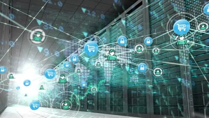 Poster - Animation of connected icons, lens flare, numbers and map against server room in background