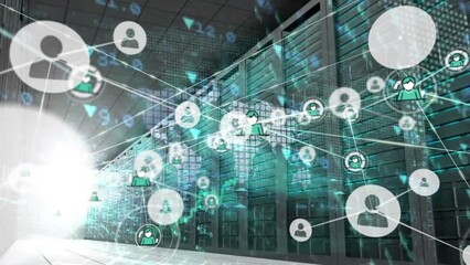 Poster - Animation of connected icons, lens flare, numbers and map over server room in background
