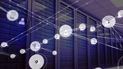 Poster - Animation of connected profile icons over low angle view of server room
