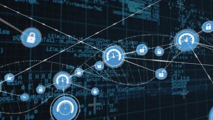 Poster - Animation of network of connections with icons and data processing over dna strand