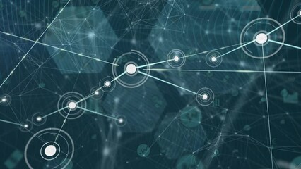 Poster - Animation of network of connections with icons and data processing over hexagons
