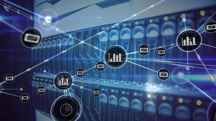 Poster - Animation of network of connections with icons and data processing over computer server