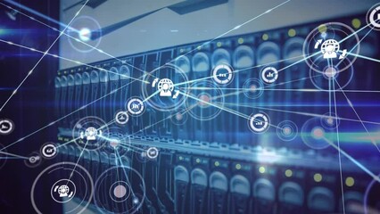 Poster - Animation of network of connections with icons and data processing over computer server