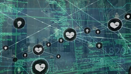 Poster - Animation of network of connections with icons over computer servers