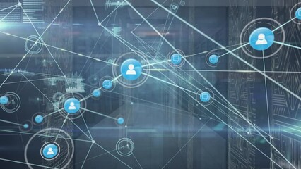 Poster - Animation of network of connections with icons over computer servers