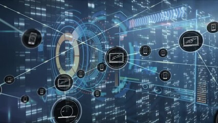 Poster - Animation of network of connections with icons over computer servers