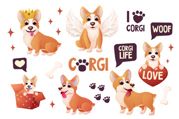  Set corgi dog stickers with crown, wings, sitting, adorable pet, activities in cartoon style isolated on white background. Comic emotional character, funny pose