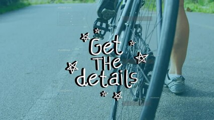 Poster - Animation of get the details text and stars over woman cycling