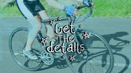 Poster - Animation of get the details text and data processing over woman cycling