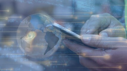 Poster - Animation of globe with data processing over businessman using smartphone