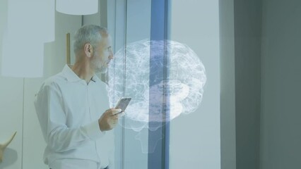 Poster - Animation of globe with data processing over senior caucasian businessman using smartphone