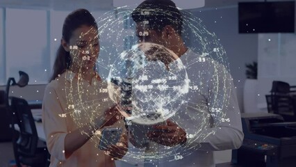 Poster - Animation of connections and data processing over business people using electronic devices