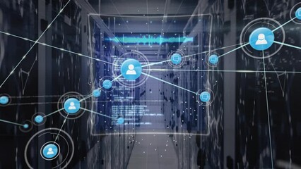 Poster - Animation of network of connections with icons over computer servers