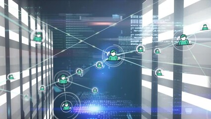 Poster - Animation of network of connections with icons over computer servers