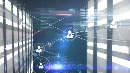 Poster - Animation of network of connections with icons over computer servers