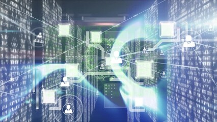 Poster - Animation of network of connections with icons over computer servers
