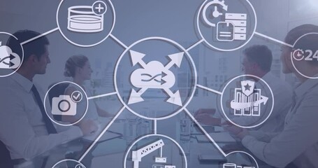 Poster - Animation of cloud, connections with icons and data processing over business people