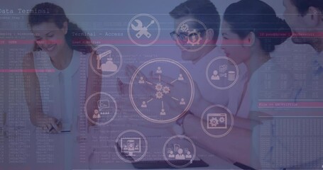 Poster - Animation of connections with icons and data processing over business people