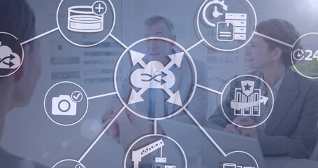 Poster - Animation of cloud, connections with icons and data processing over business people