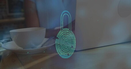 Poster - Animation of lens flares, fingerprinted padlock on midsection of caucasian woman working on laptop