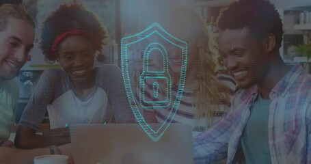 Poster - Animation of padlock over diverse friends using laptop