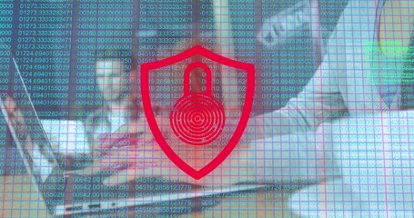 Poster - An animation of a glowing red and green digital icon of an online security padlock with data process